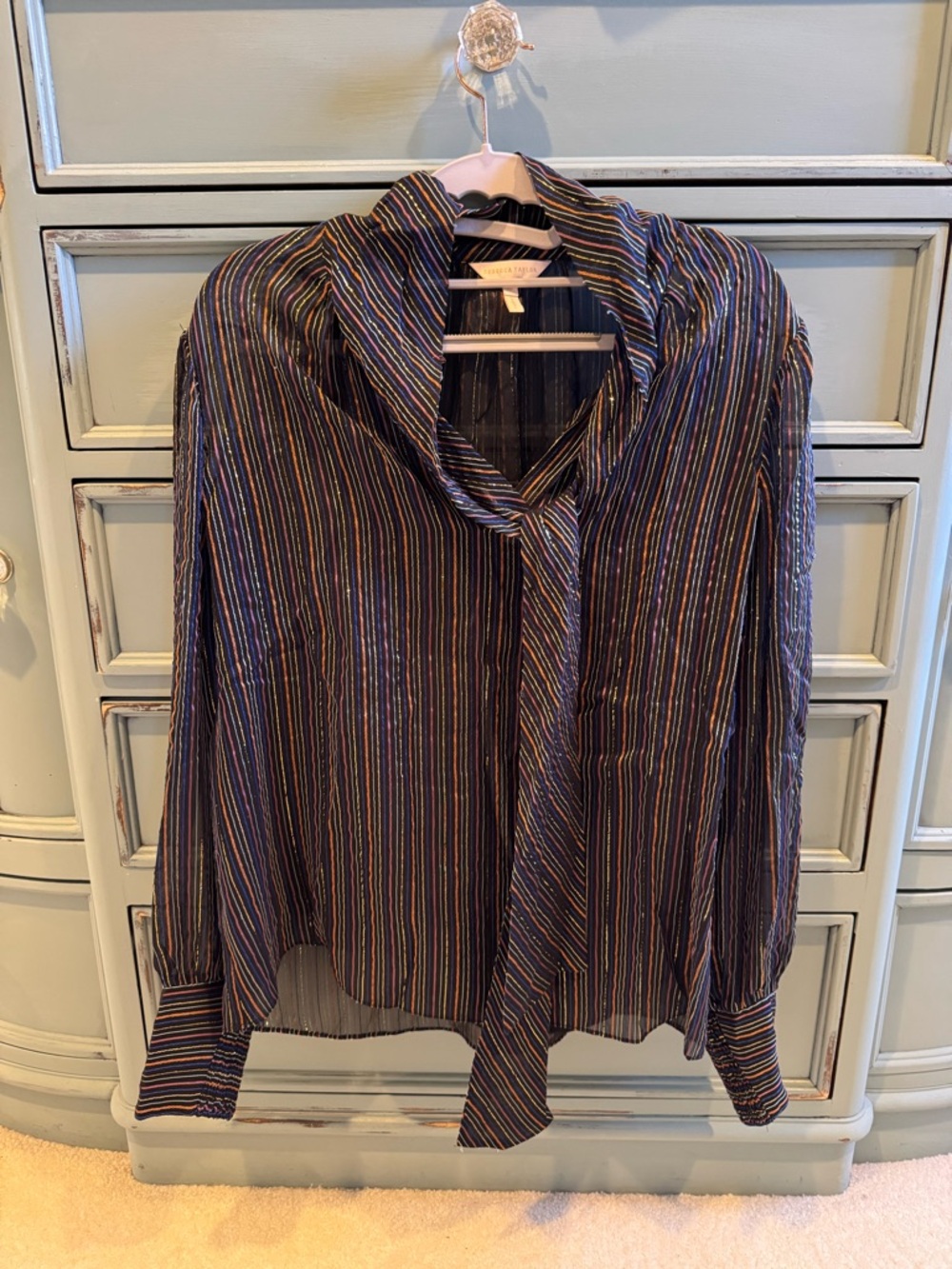 Rebecca Taylor Blouse with Subtle Gold and Multicolor Stripes with Black Slip
